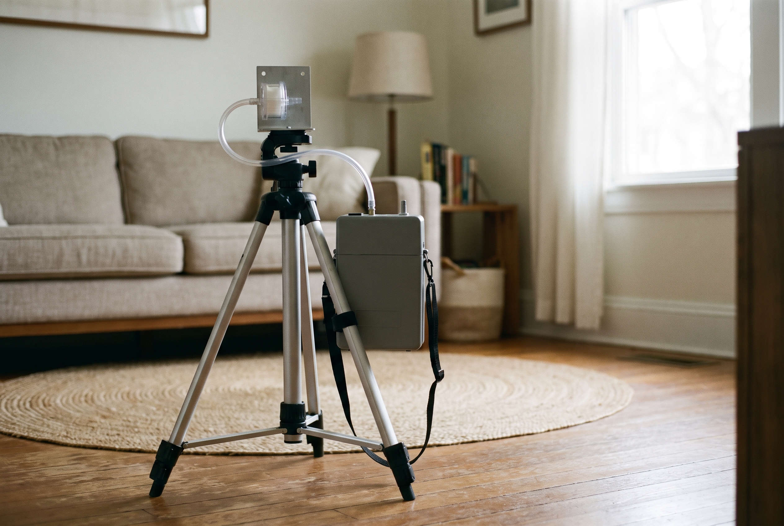 An air sampling pump mounted on a tripod at chest height in an ordinary living room, with tubing running up to a filter cassette.