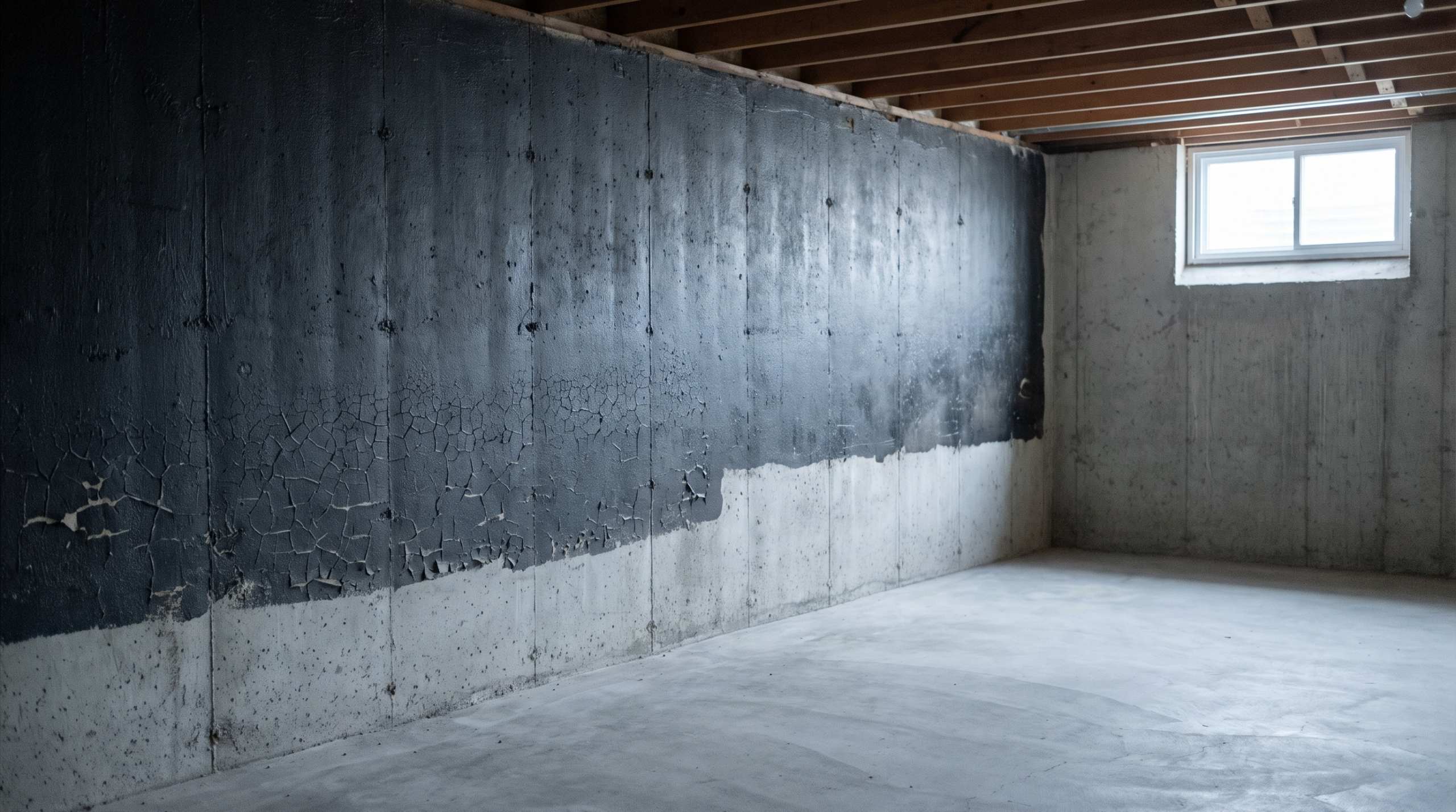 An unfinished basement with a dark bituminous coating covering the upper portion of a poured concrete foundation wall, flaking and cracked near its lower edge.