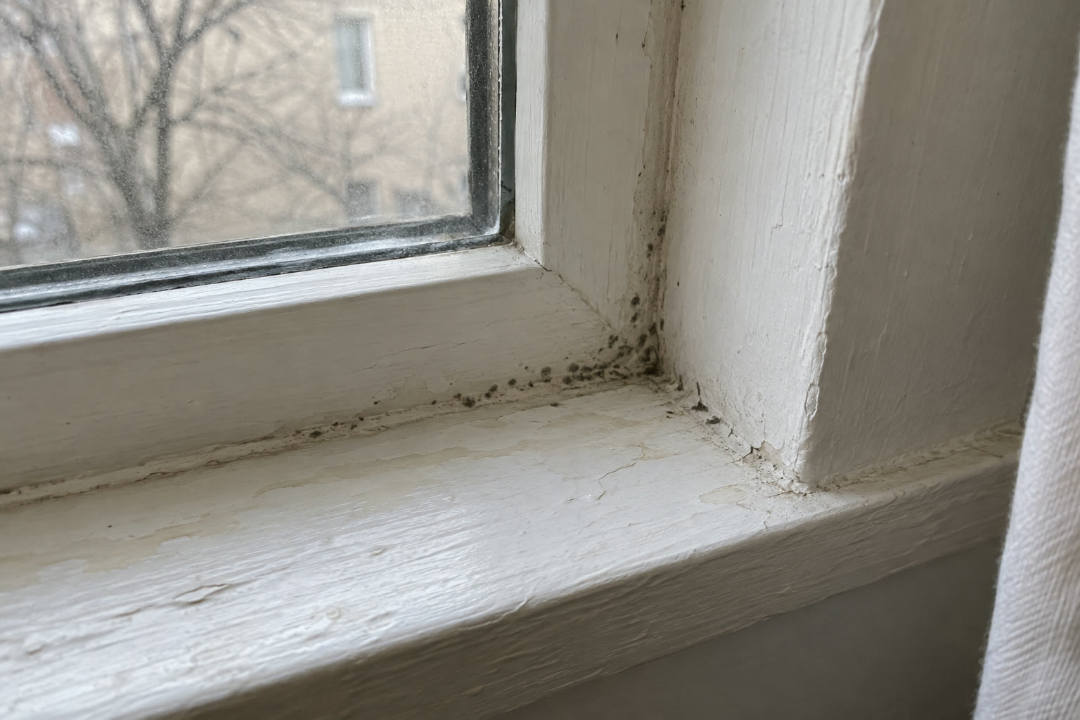Close-up of a painted windowsill corner with peeling paint and small dark spots along the seam.